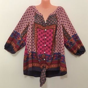 fig and flower Patchwork Floral Tie-Hem Blouse in Pink, Blue, and Black